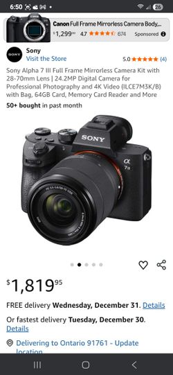 Sony Alpha 7 III Full Frame Mirrorless Camera Kit with 28-70mm Lens | 24.2MP Digital Camera for Professional Photography