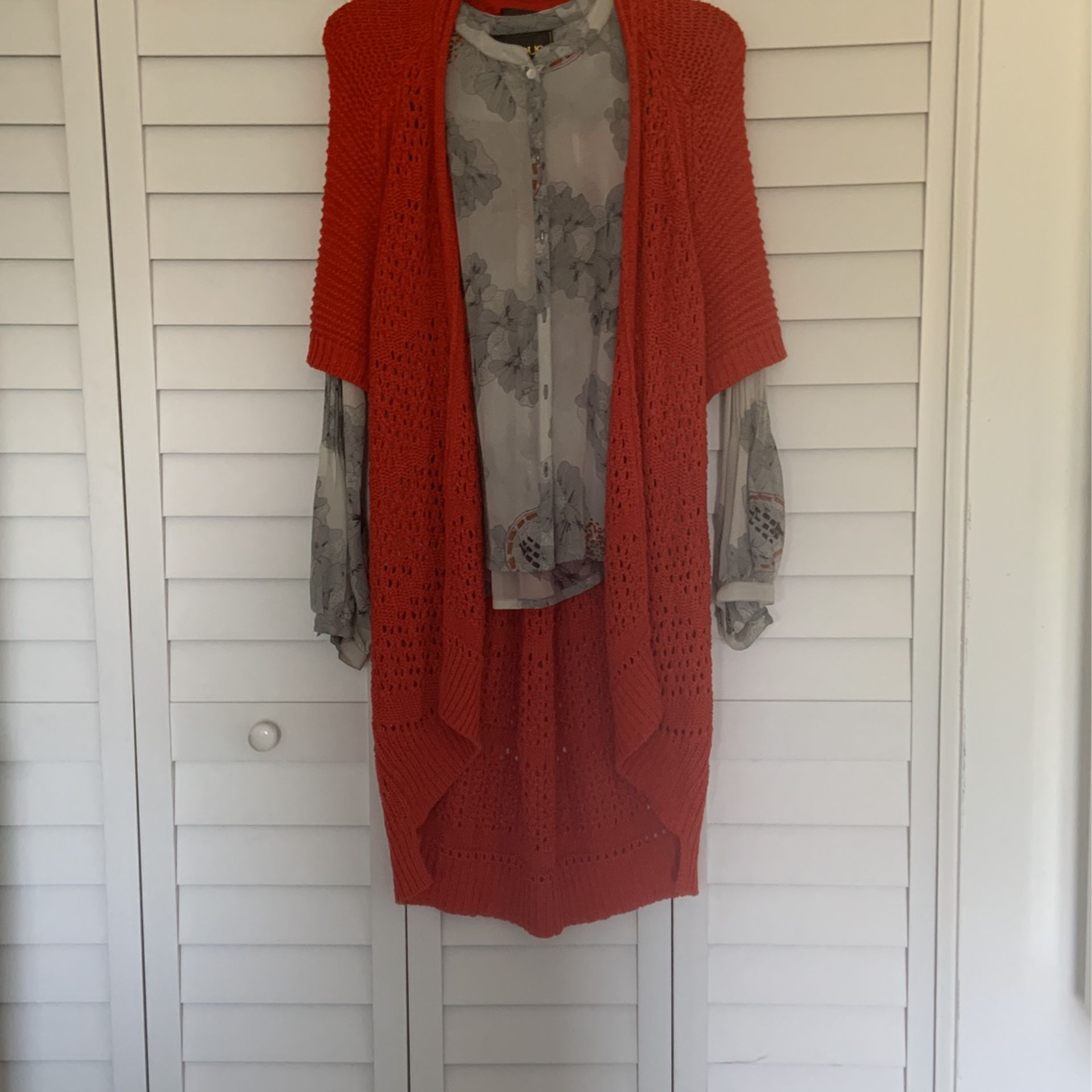 New Anthropologie Sweater Cardigan And Silk Long Sleeve Shirt Orange And Grey Set For $95 Or Buy Separately 