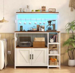 Bakers Rack with Power Outlet and LED Light, Microwave Stand with Storage Cabinet, Coffee Bar Cabinet Station with 6 Hooks , Walnut ➕White