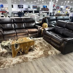 Power Reclining Sofa Loveseat Genuine Leather