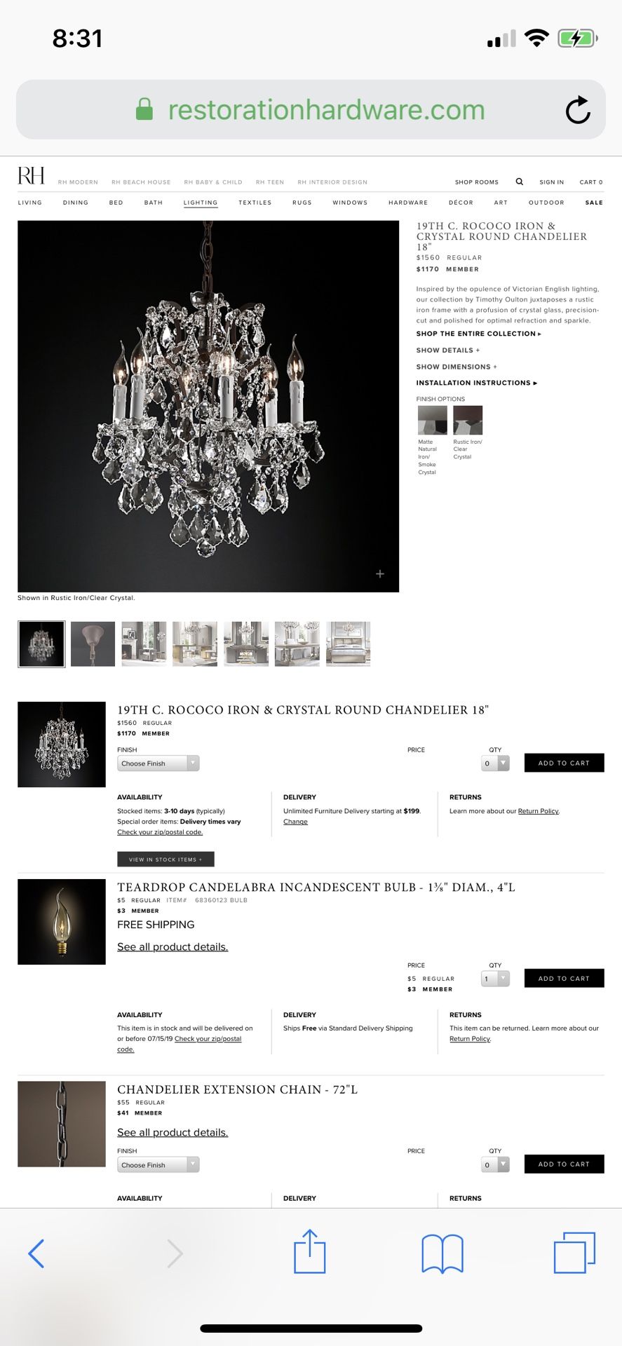 Restoration Hardware 19th C. Rococo Chandelier 18” LIKE NEW