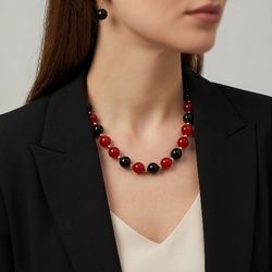 Handmade Agate Necklace (Burgundy & Black) with Gold Plating - New