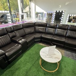 Brown Power Recliner Sectional with Bluetooth Speaker and LED Lights 