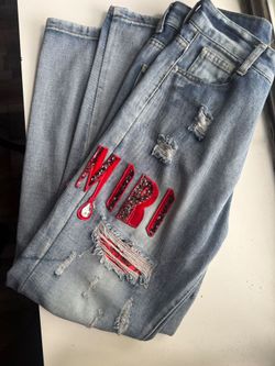 AMIRI MENS 'RED EMBROIDERED LOGO' JEANS