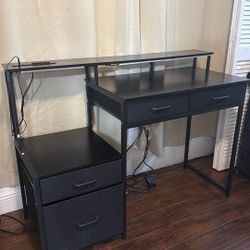 Computer Desk with Drawers, 48 Inch Gaming Desk with Led Lights and Power Outlet