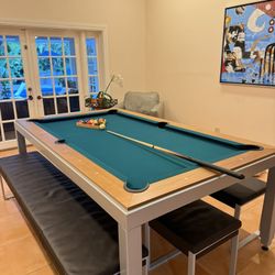 Fusion Dining Pool Table: Brushed Stainless Steel Legs with Wood Tops