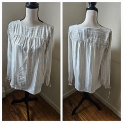 Loft White & Black Striped Long size small Sleeve Blouse shirt top Gently used excellent condition Keyhole back Ties on the cuffs of the sleeves dress