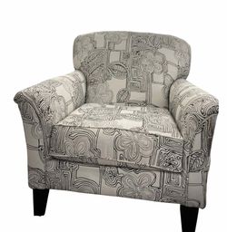 Retro Comfy Armchair with Abstract Floral Pattern, Linen wit Wooden Legs