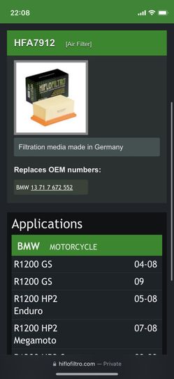Hiflo Filtro Air Filter For BMW R1200 (2004-2010)