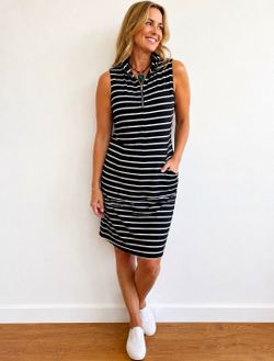 Talbots Women’s Black White Striped Knit Shift Dress Cowl Neck Zip Knee S