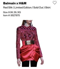 SZ: 8 Balmain x H&M Red Silk Skirt ( Sold Out In Stores)