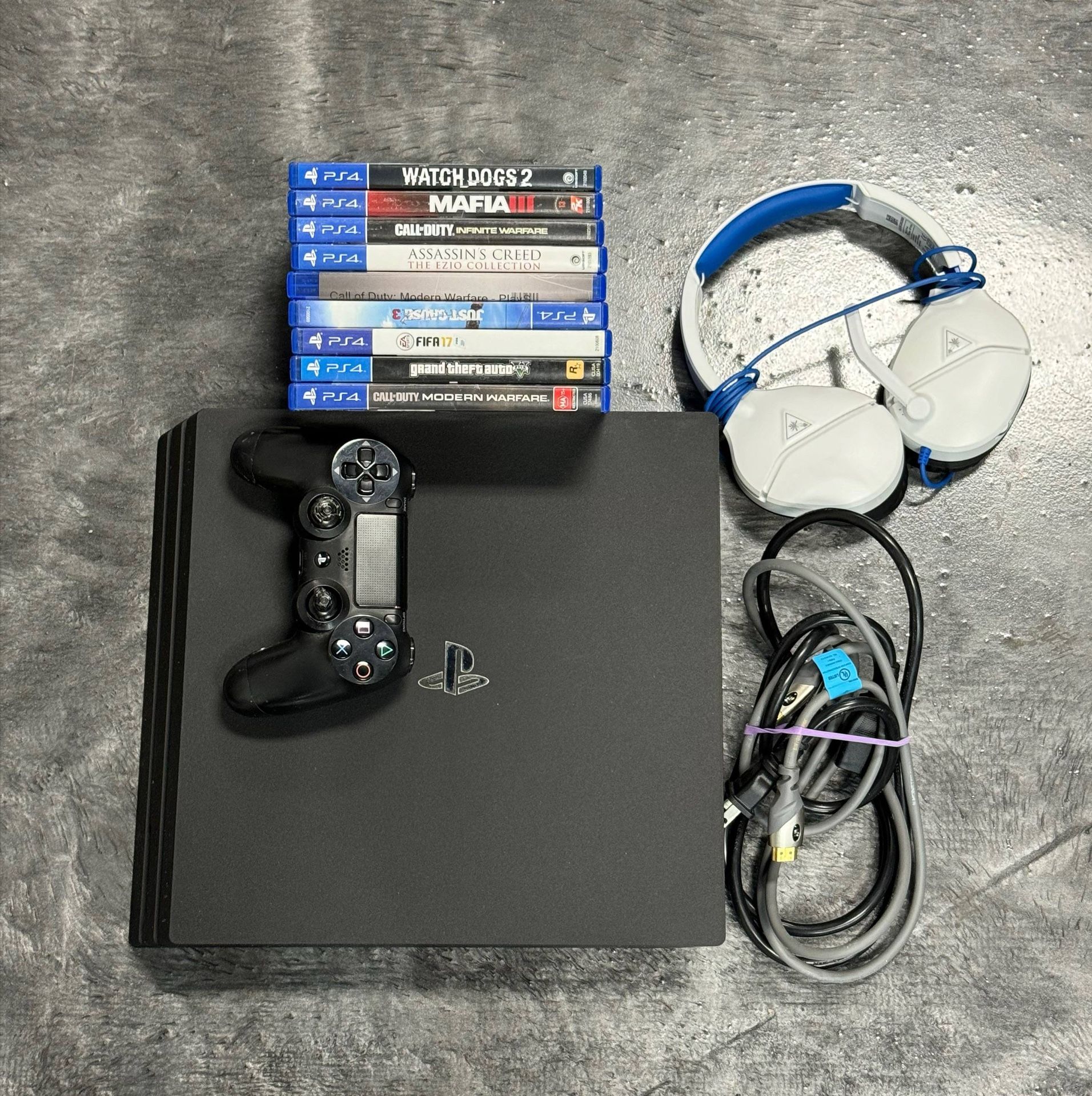 Sony PLAYSTATION 4 PRO CUH-7015B w/ Cords Controller & 9 Games Turtle Beach Headset FIFA17 GTA Call of Duty