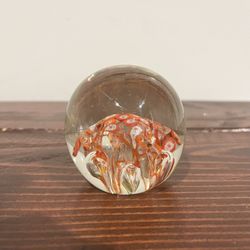 Vintage Millefiori Art Glass Paperweight Blown Orange Red Bubble Flat Bottom