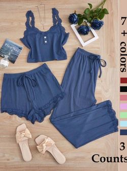 Women's Sleepwear Set, Three-Piece Round Neck Lace Trim Pajamas,dolphin shorts，Soft Breathable Comfort Casual Home Wear, Tank Top Shorts Long Pants, L