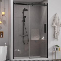 Frameless Double Sliding Shower Door 44-48"W x 74"H, Clear Glass, Black