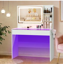 Vanity Desk,Makeup Vanity Desk with Mirror and Lights,Transparent Top with LED Multiple Color Lights,Mirror 3 Color Modes 2 Drawers,Power Outlet,Dress