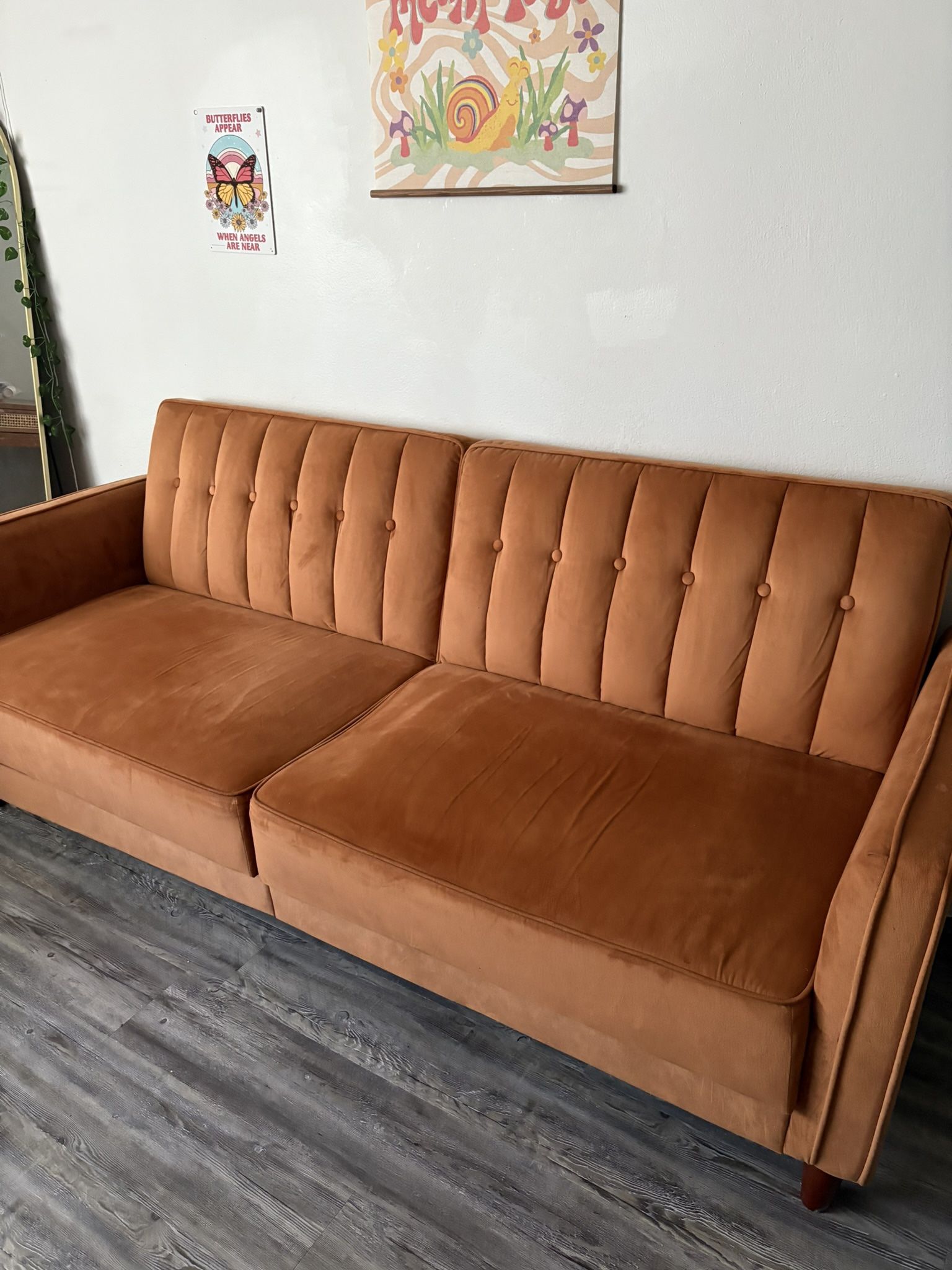 Burnt Orange Velvet Sofa/Futon