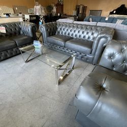 Traditional gray tufted faux leather sofa love  and chair