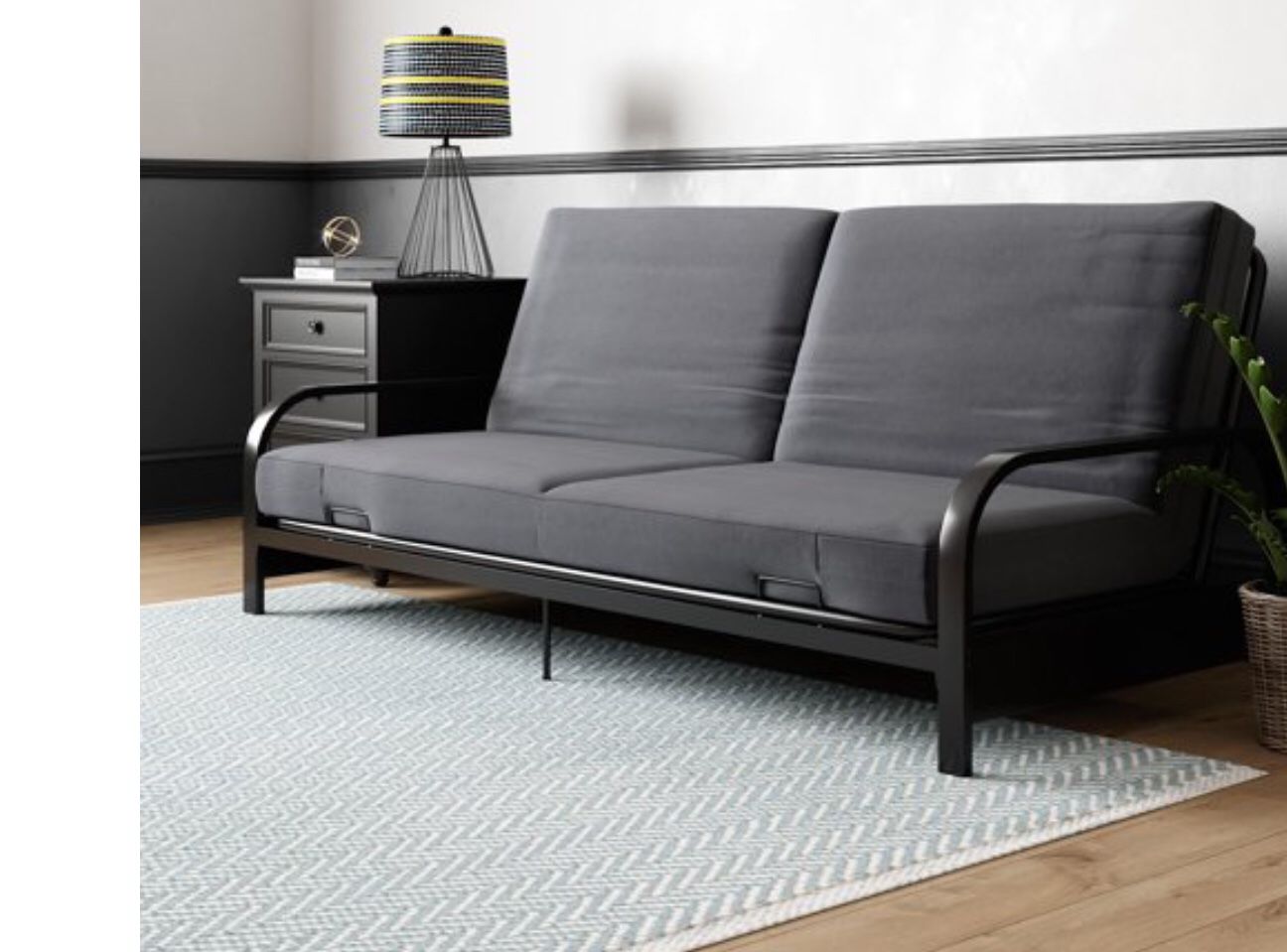 Futon, Sofa, Sleeper, Buest Bed, Gray And Black , Metal Arms 