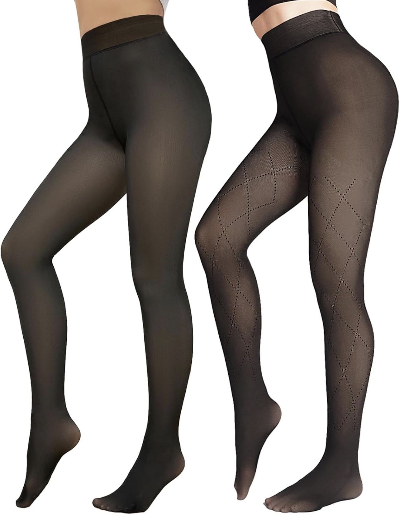 2 Pairs Women Fleece Lined Tights-Fishnets Patterned High Waist Thermal Fake Translucent Warm Tights For Women（medium）