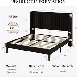 B855 $100  Full Size Velvet Bed Frame with Vertical Channel Tufted Wingback Headboard, Upholstered Platform Bed with Wood Slats, No Box Spring Needed,