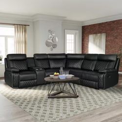 New Black Leather Fully Reclining Sectional Couch 