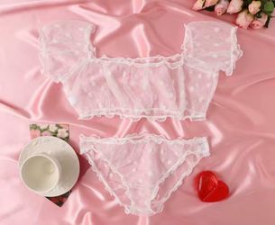 Women 2-Piece Lingerie Dot Embroidery Mesh Fancy Outfit Romantic Underwear Set Bra And Panty Sets