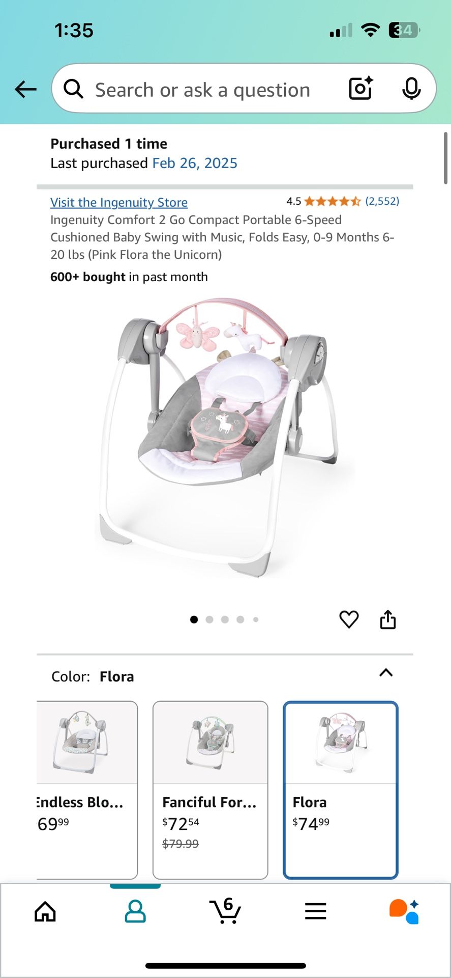 Ingenuity Comfort 2 Go Compact Portable 6-Speed Cushioned Baby Swing with Music, Folds Easy, 0-9 Months 6-20 lbs (Pink Flora the Unicorn)