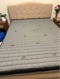 Queen 12 inch mattress and beige platform bed frame