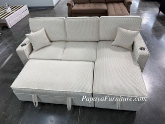 NEW Reversible Storage Chaise Sectional Couch Left Right Pullout Sleeper Sofa Bed Beige Grey Gray Fabric Small Living Room Space Saving Apartment Size