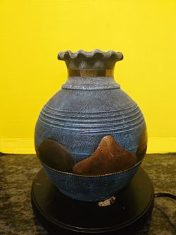 Vintage 1970's Raku Vase Features Texture Blue Finish & Metallic Copper-Colored Accent 10" Tall