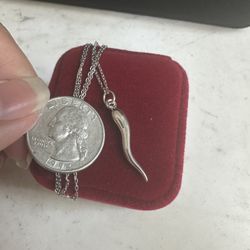 925 Sterling Silver , Italian Horn Necklace, Marked Sterling, 18in. 925 Chain 