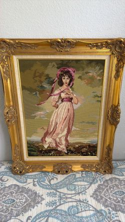 Framed Needlepoint Girl in Pink Ornate Gold Frame
