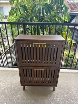Modern Shoe Cabinet / Entryway Storage – Walnut & Gold – Like New