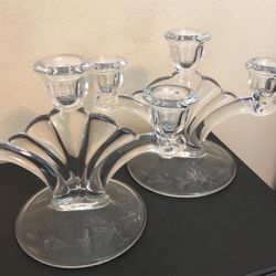 Vintage Triple Clear Glass Light Taper Candle Holder Pair