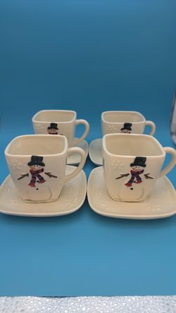 Y2K Vintage Style Ceramic Christmas Snowman Square Ciffe Tea Cup & Saucers Set of 4