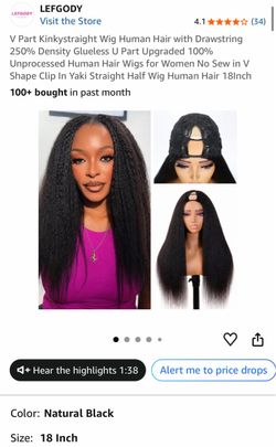 Brand new : 18 inch V Part Kinkystraight Wig Human Hair