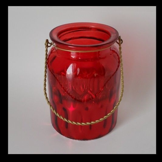 Red Empoli Optic Glass Metallic Candle Holder with Gold-Colored Wire Handle