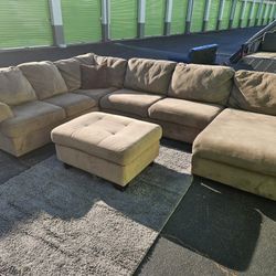 Beige U Sectional with ottoman
