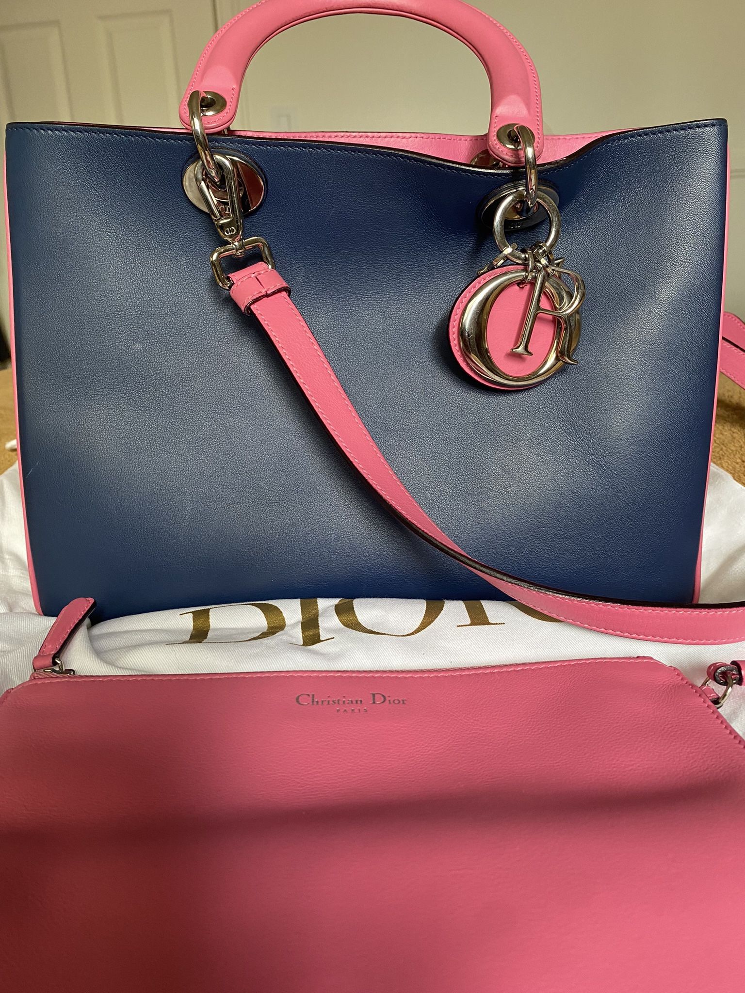 Dior Large Lady Dior Tote In Navy/ Pink/ Beige