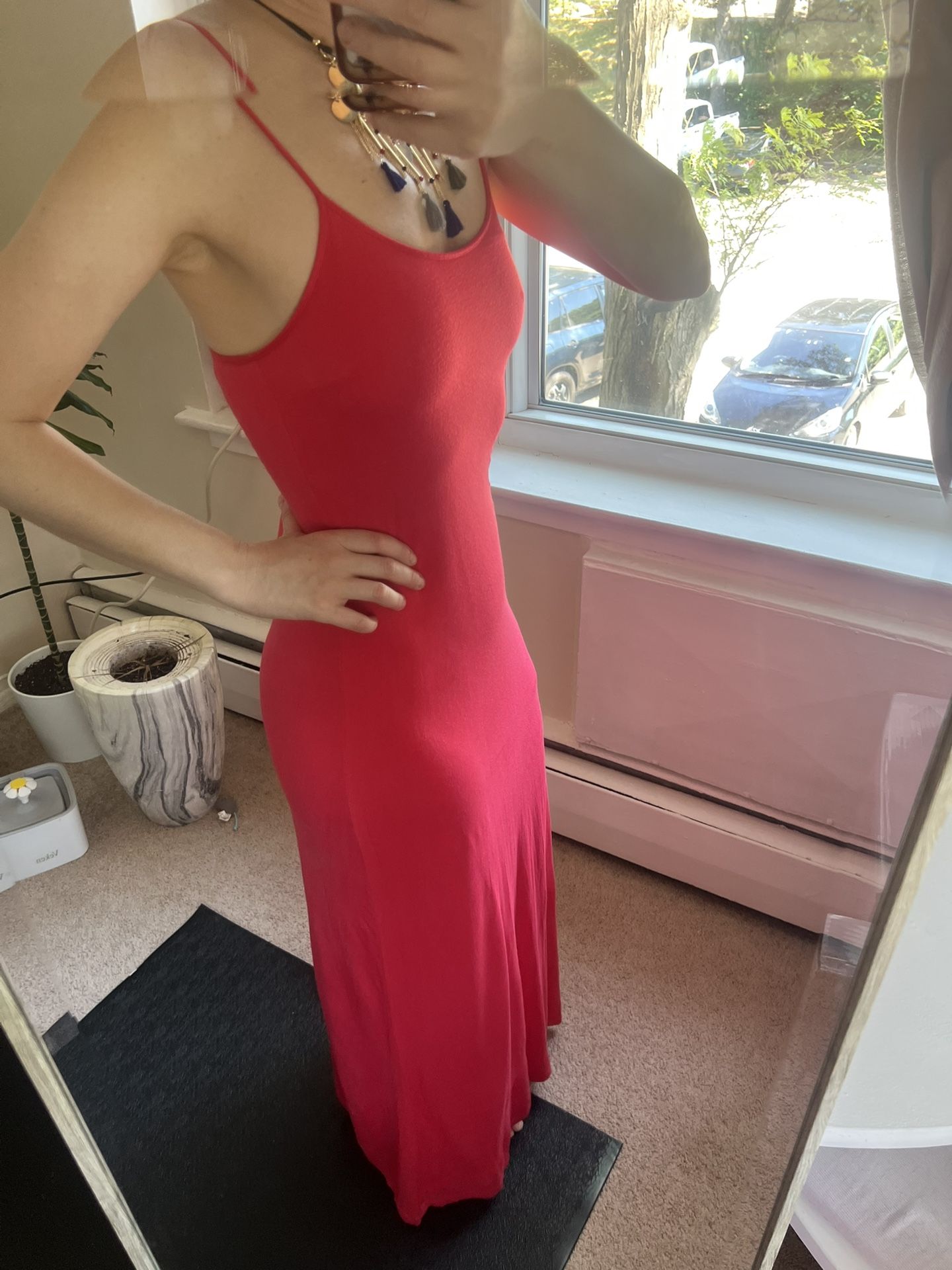 Red Coral Maxi Dress – Soft Stretch Fabric, Size S/M