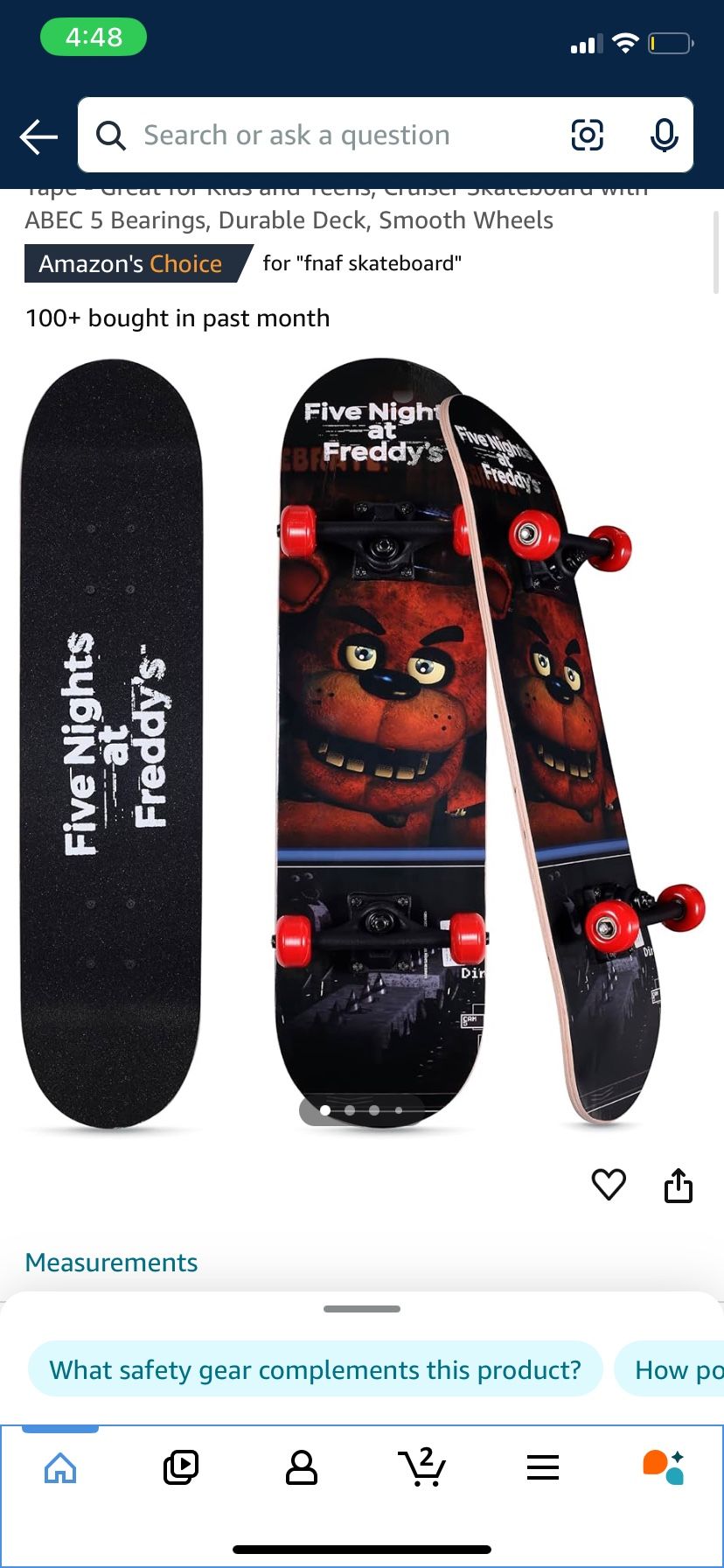 Five Nights at Freddy’s Skateboard with Printed Graphic Grip Tape - Great for Kids and Teens, Cruiser Skateboard with ABEC 5 Bearings, Durable Deck, S