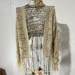 Umgee Fringe Cardigan Open Front Tan Neutral Long Sleeve Festival Boho Small