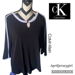Calvin Klein Striped Sleeves Spandex & Rayon Blouse 