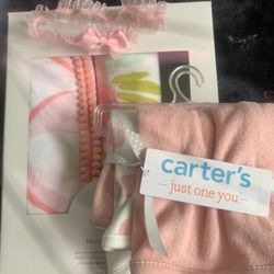 Baby girl Headband, Muslin Blankets, & Carters Burp Cloths 