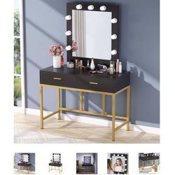 (NEW) Tribesigns Vanity Table with Lighted Mirror, Makeup Vanity Dressing Table with 9 Lights and 2 Drawers for Women, Dresser Desk Vanity Set for Bed