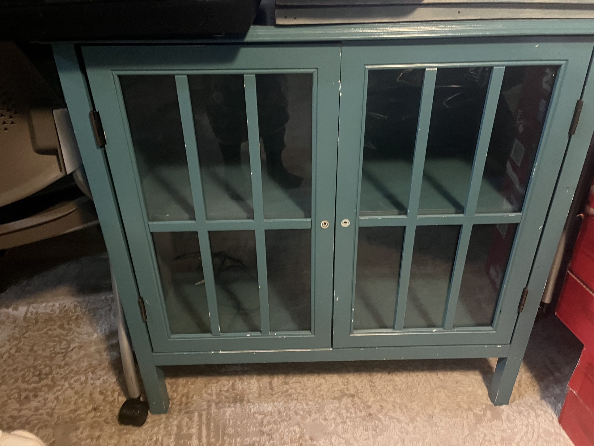 Vintage Turquoise Glass Door Wooden Cabinet - Charming Storage Piece