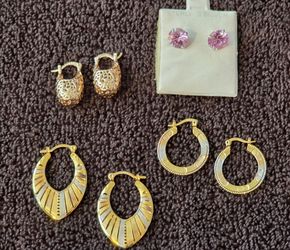BRAND NEW Fashion Earrings, including tri-color gold hoops, gold baskets, and sterling silver posts with pink stones.