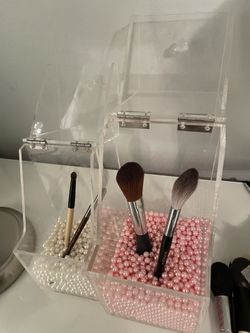 Makeup Brush Organizers Set Of Two, With Pearl Pink And Whit Super Cute Fancy 