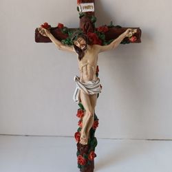 Autom Crucifix Jesus with Roses Floral Religious Wall Hanging Art Cross Decor INRI